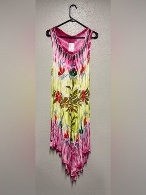 Vibrant Floral Tie-Dye Asymmetrical Tank Dress - Pink & Lime